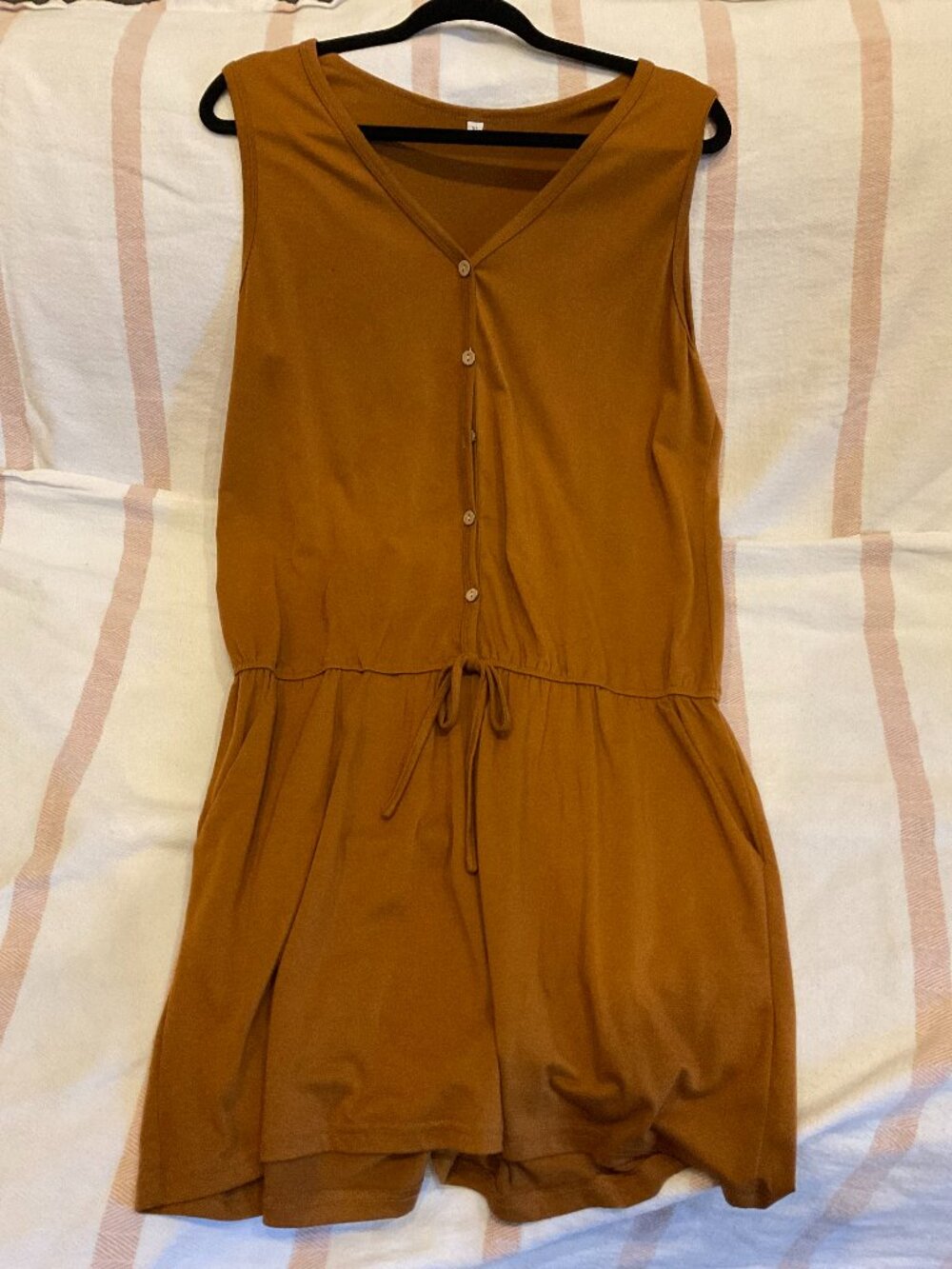 Mustard Button-Front Sleeveless Romper w/ Drawstring Waist | XL - Picture 2 of 4